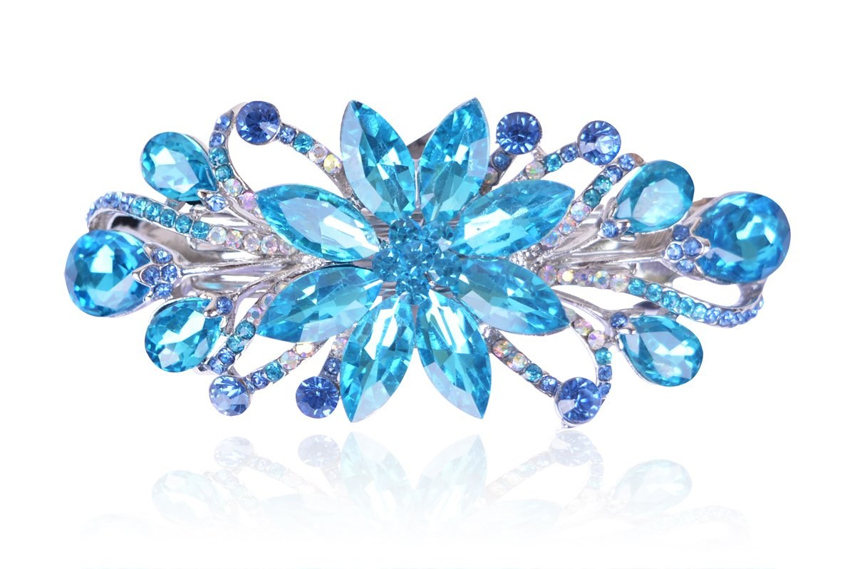 Flower Luxury Jewelry Design Hairpin Rhinestone Hair Barrette Clip (Sky Blue)