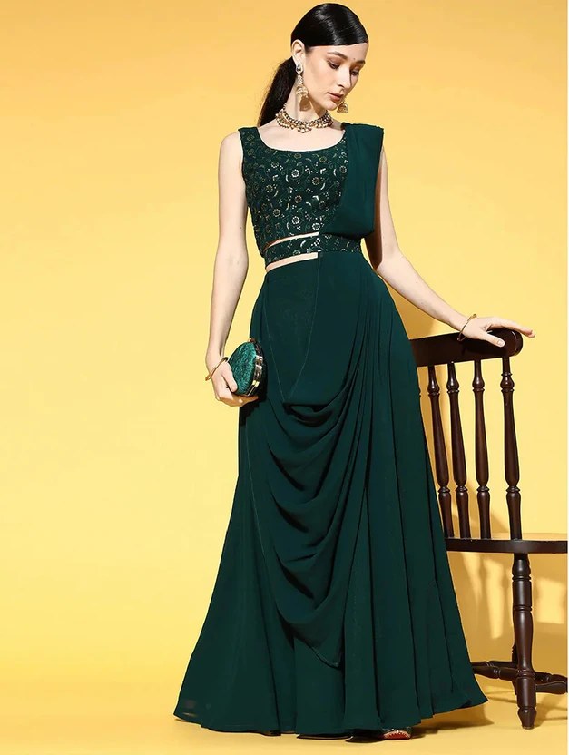 ISHU FAB Solid Semi Stitched Lehenga Choli (Dark Green)