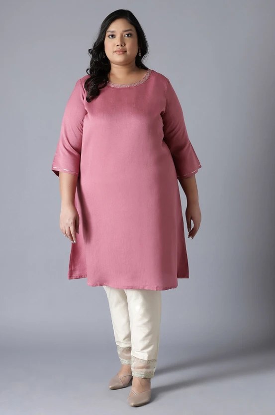 W Solid Polyester Straight Kurta (Pink)