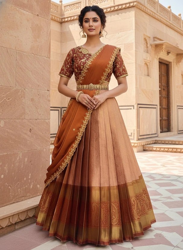 Divastri Embroidered Semi Stitched Lehenga Choli (Orange)