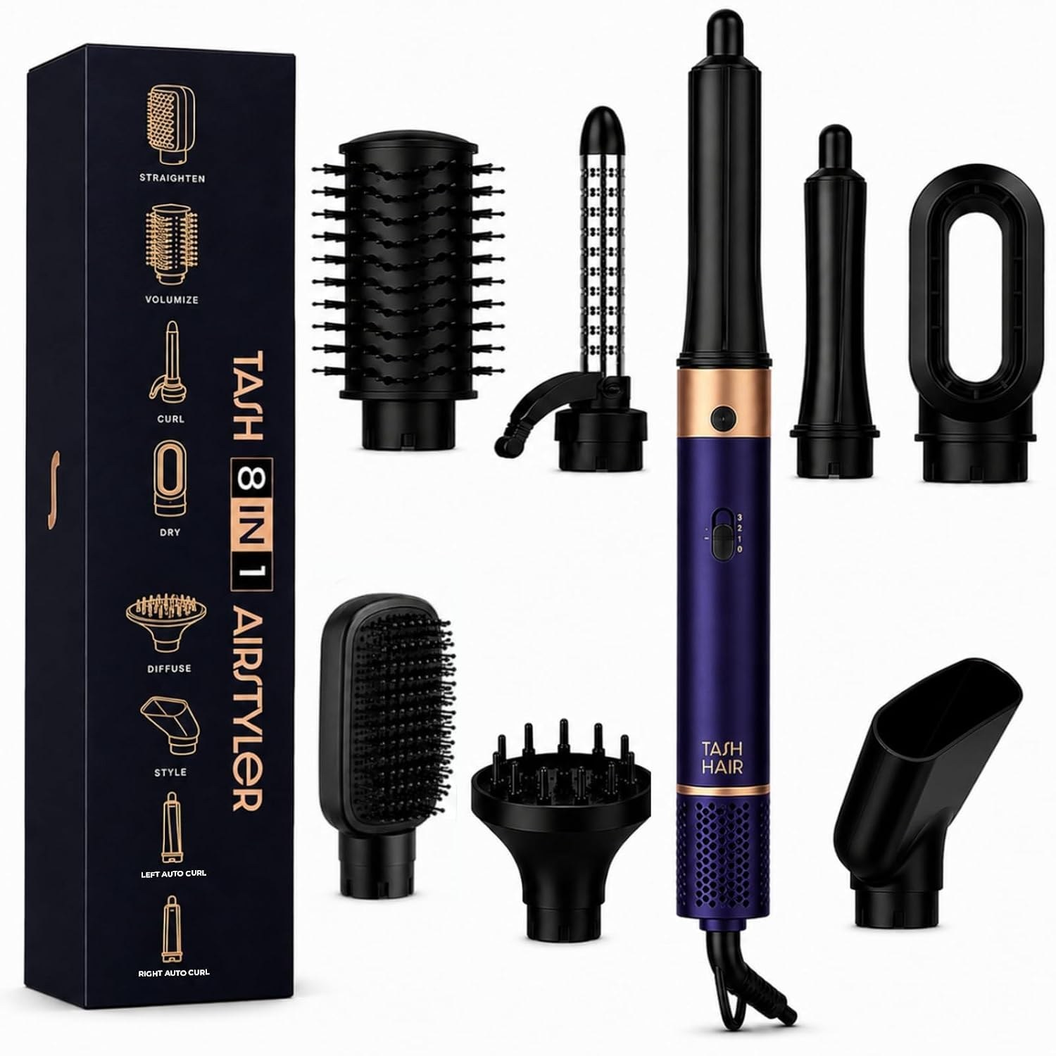 Tash Hair 8 in 1 AirStyler- Auto Wrap Curlers, Hot Air Brush, Straightener Brush, Curling Tong, Blow