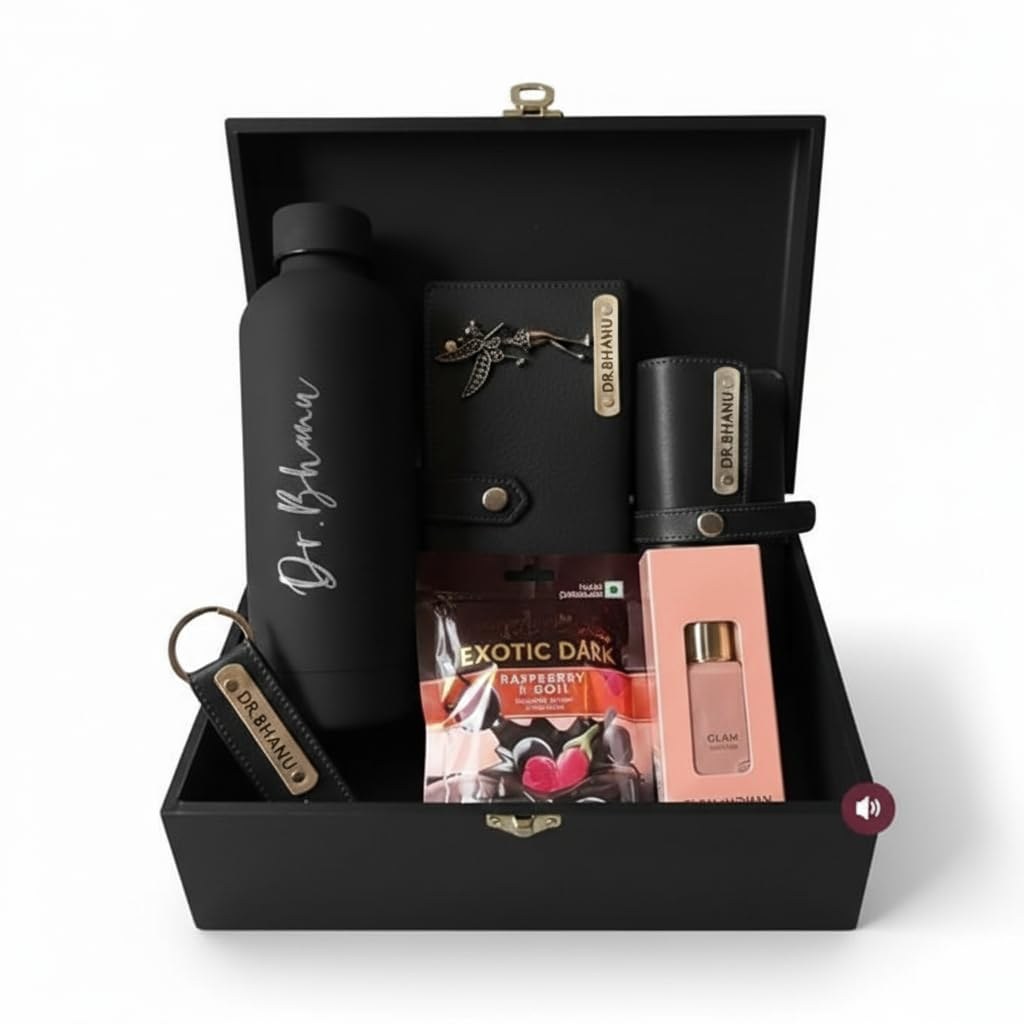 Customizable Luxury Gift Hamper for Women | Personalized Bottle, Wallet, Sunglasses Cover, Keychain