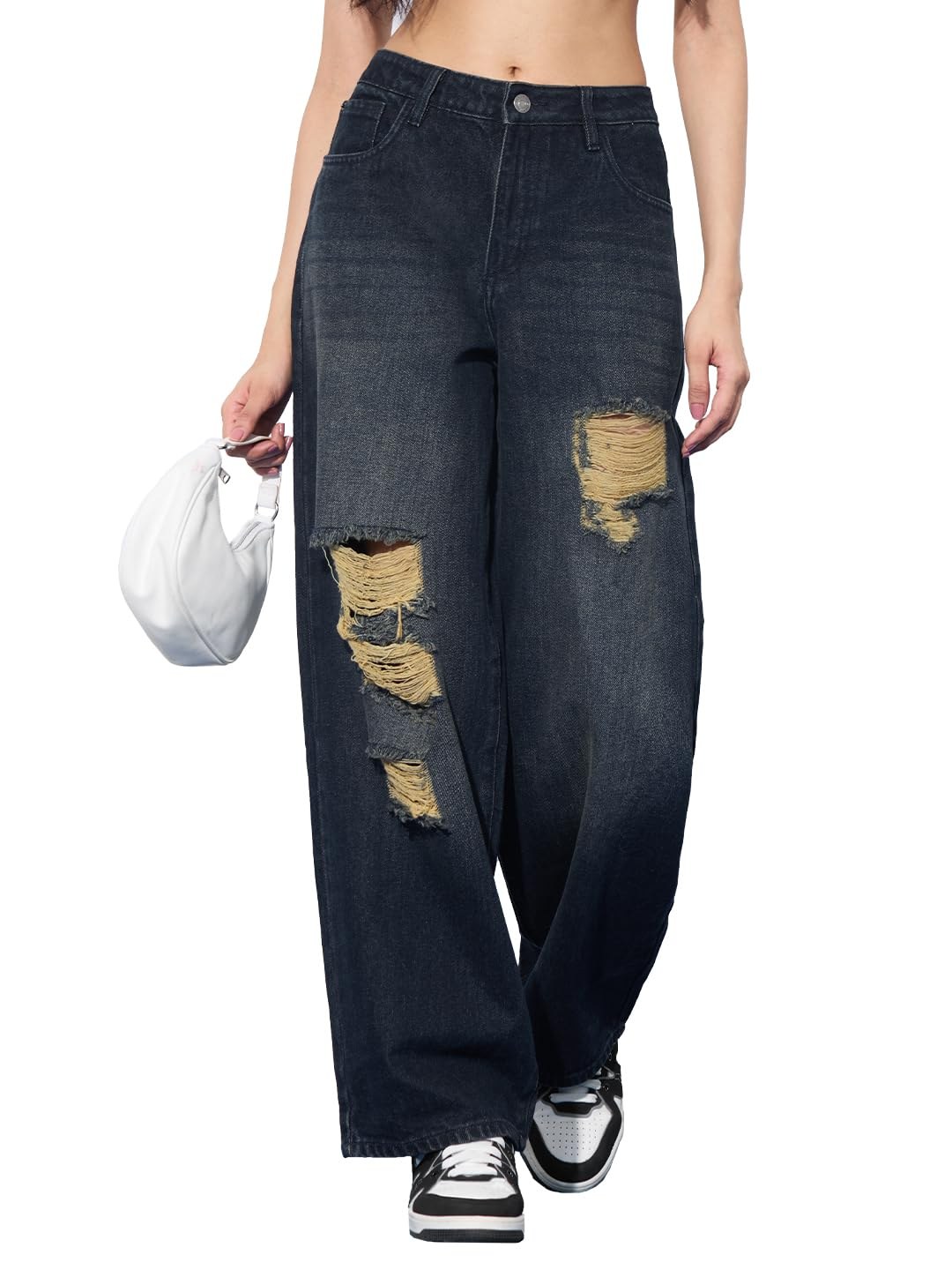 The Souled Store Denim: Distressed Clover Women and Girls Buttoned Blue High Distressed Baggy Fit Co