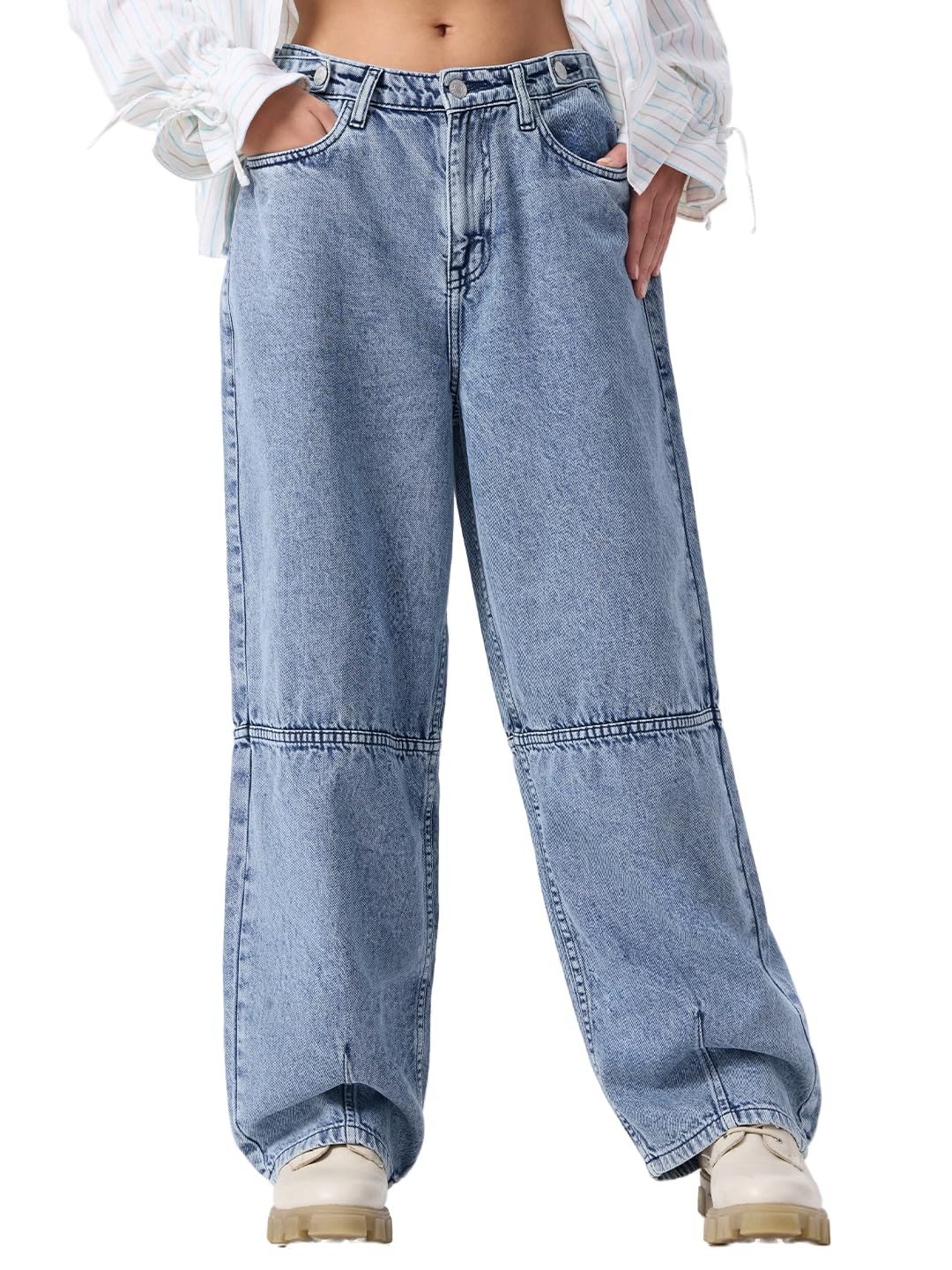 The Souled Store Barrel-Fit Denim: Trixie Women Girls Buttoned Waistband Light Blue Washed Cotton De