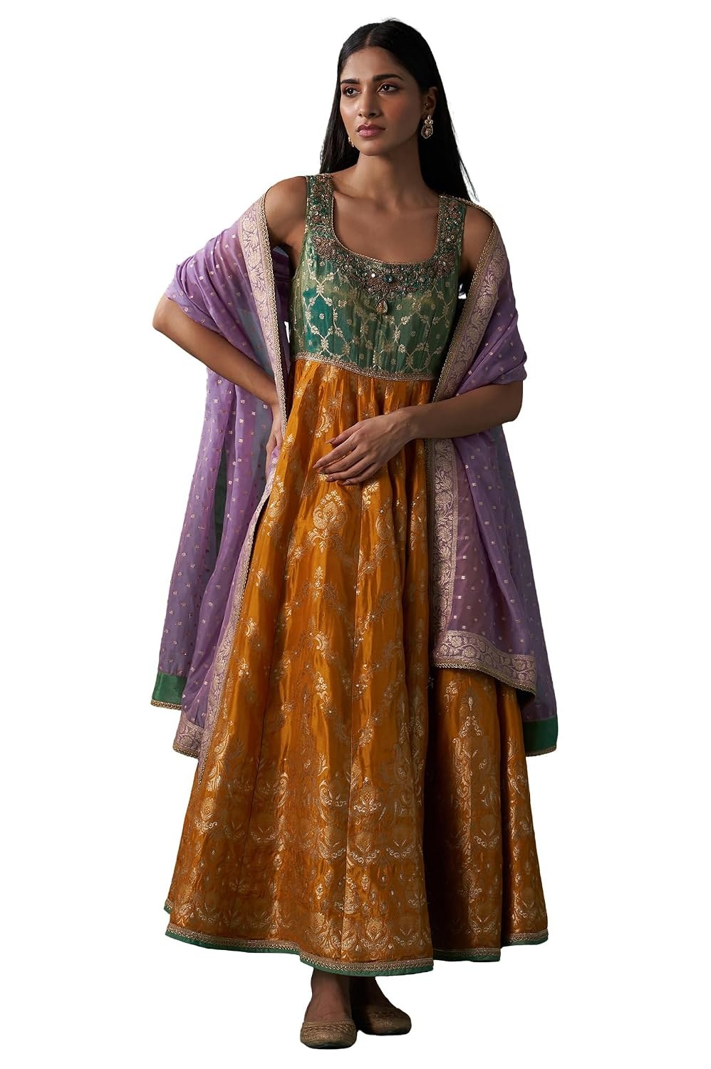Wishful Women's Zardozi Embroidered Jacquard Anarkali Kurta with Churidar and Dupatta Set