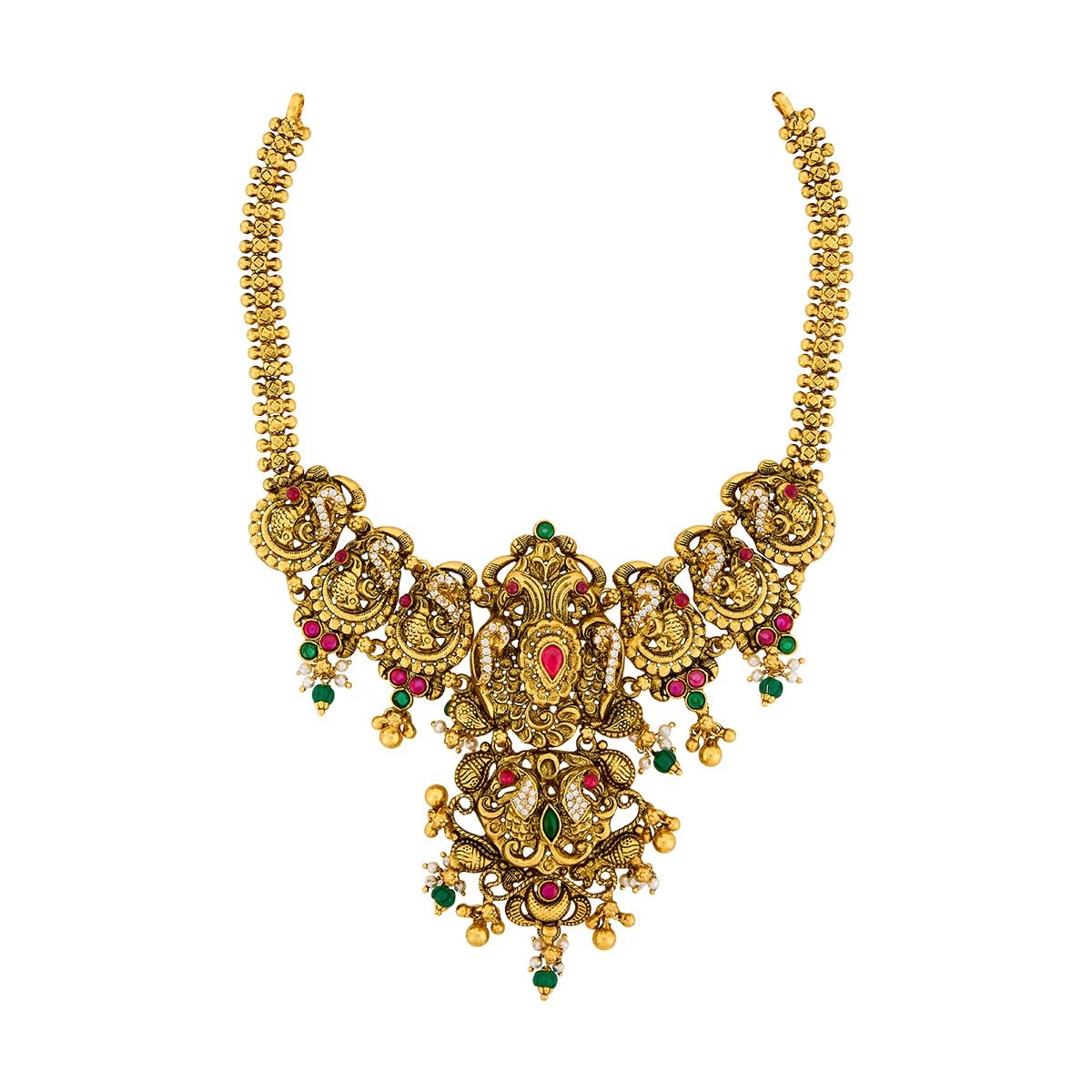 KUSHAL'S Fashion Jewellery Ruby-Green Oxidised Gold Plated 92.5 Silver Temple Necklace for Women | A