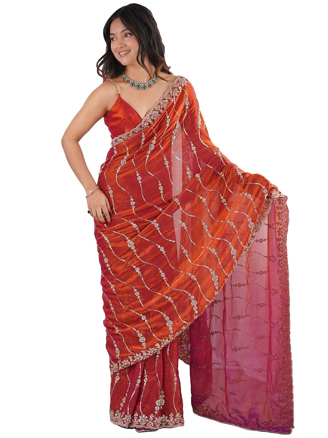 AKHILAM Women's Shimmer Satin Embroidered Sequence Beaded Saree With Unstitched Blouse Piece