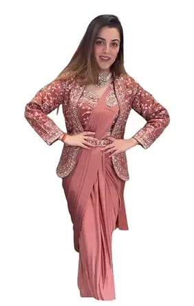 Ready To Wear Western Saree & Jacket/Koti Belt Set For Womens Bollywood Style Rangoli Satin Silk Fab