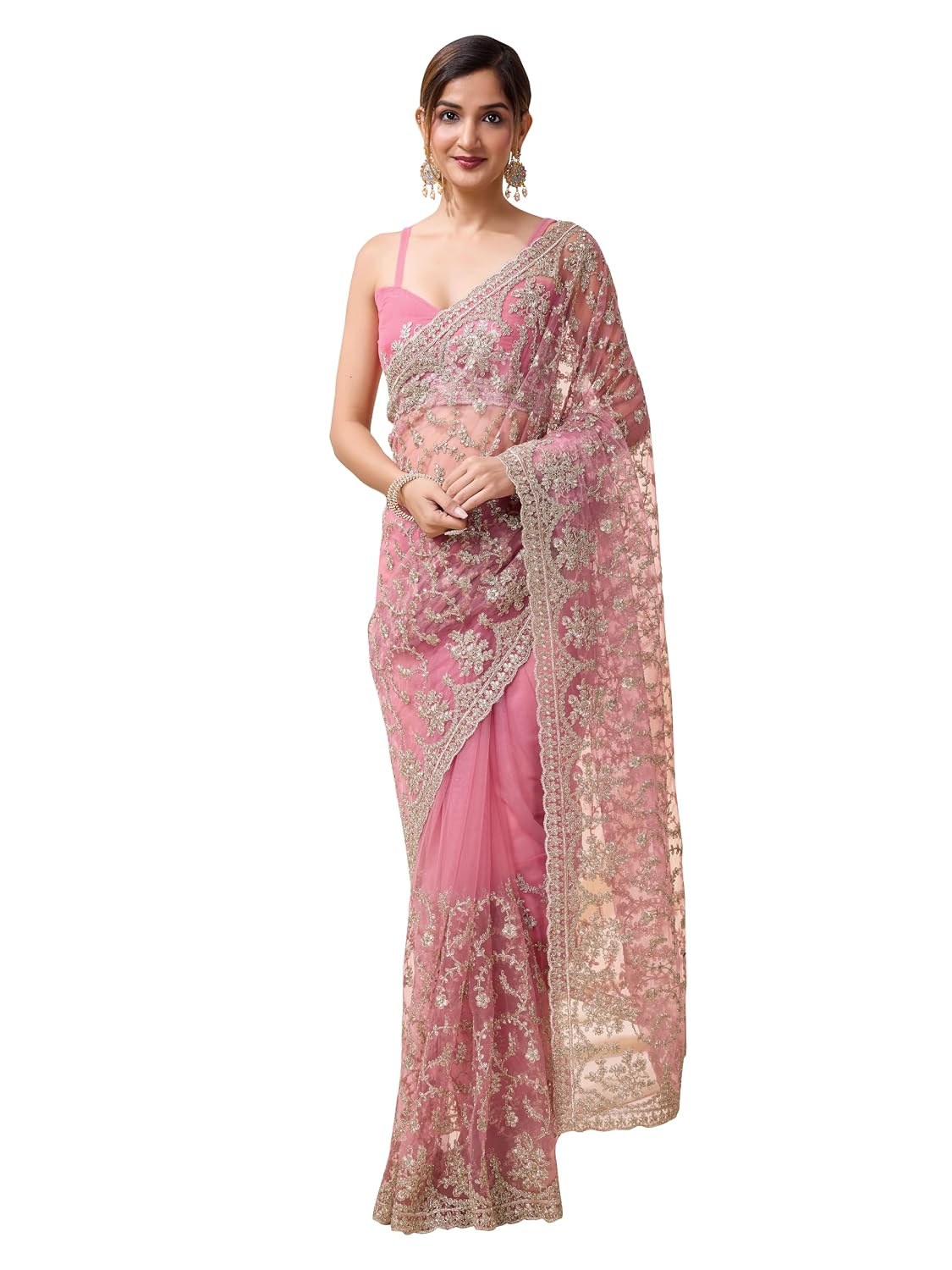 TRENDMALLS Women's Light Pink Net Embroidery Work Saree with Unstitch Net Blouse Piece For Women