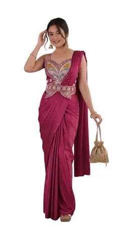 Saree for womens and girls heavy crepe satin ready to wear saree with embroidery koti jacket & stitc
