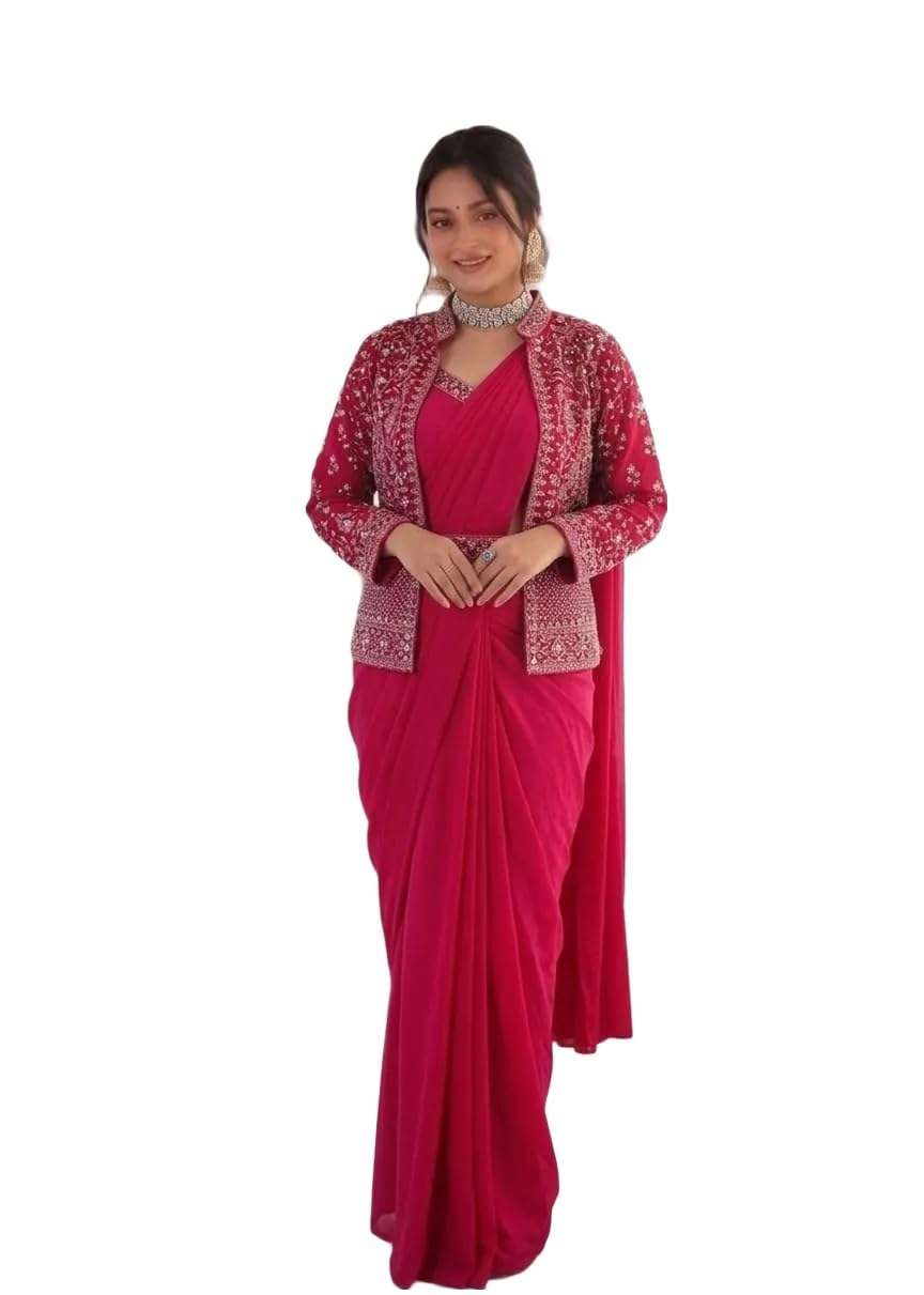 Women’s Ready to Wear Saree with Full Stitched Jacket, Embroidery Sequence Work, Blouse and Embroide