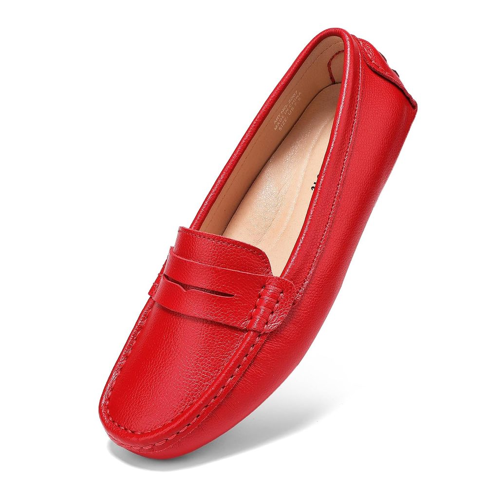 BEAUSEEN Women's Red Leather Driving Moccasins Penny Loafers Comfort Slip on Shoes Size 10 BES-2207HON100