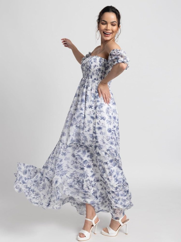 JULO Stylish Womens Chiffon Tropical Breeze Off Shoulder Maxi Dress