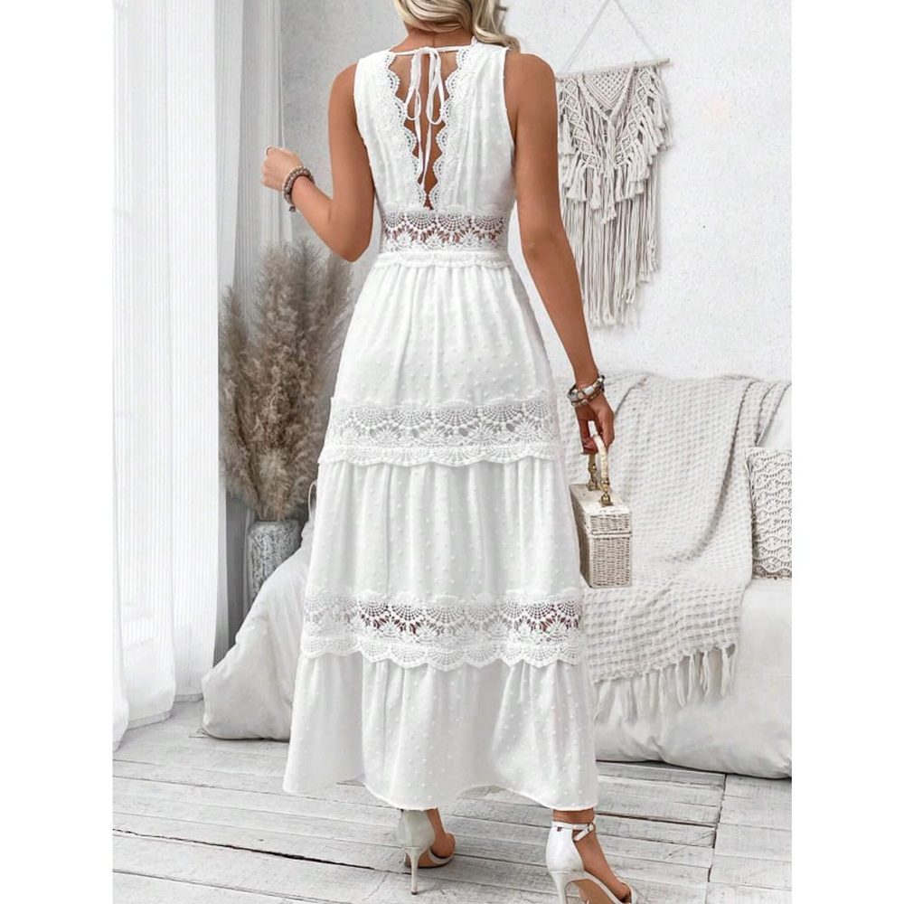 Women's Summer Crochet Embroidery V-Neck Sleeveless Flowy Bohemian Maxi Dress