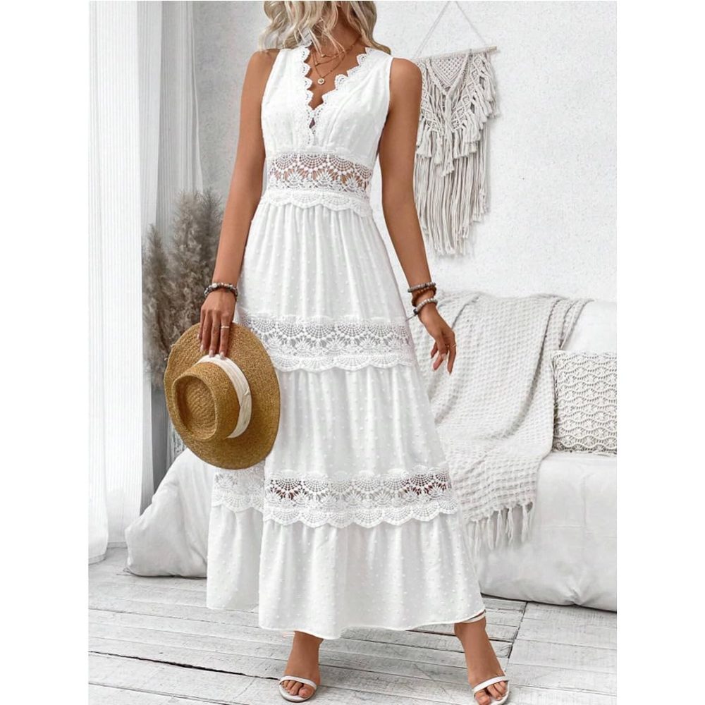 Women's Summer Crochet Embroidery V-Neck Sleeveless Flowy Bohemian Maxi Dress