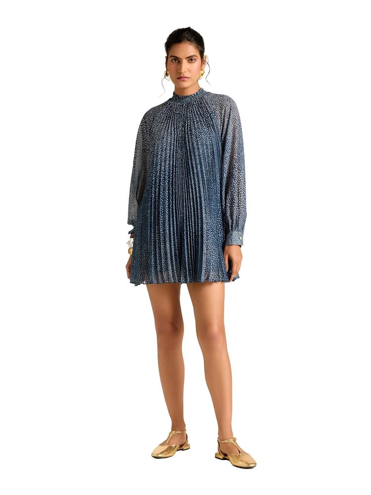 Label RITU KUMAR Navy Angelique Dot Full Sleeves Polka Dot Short Dress