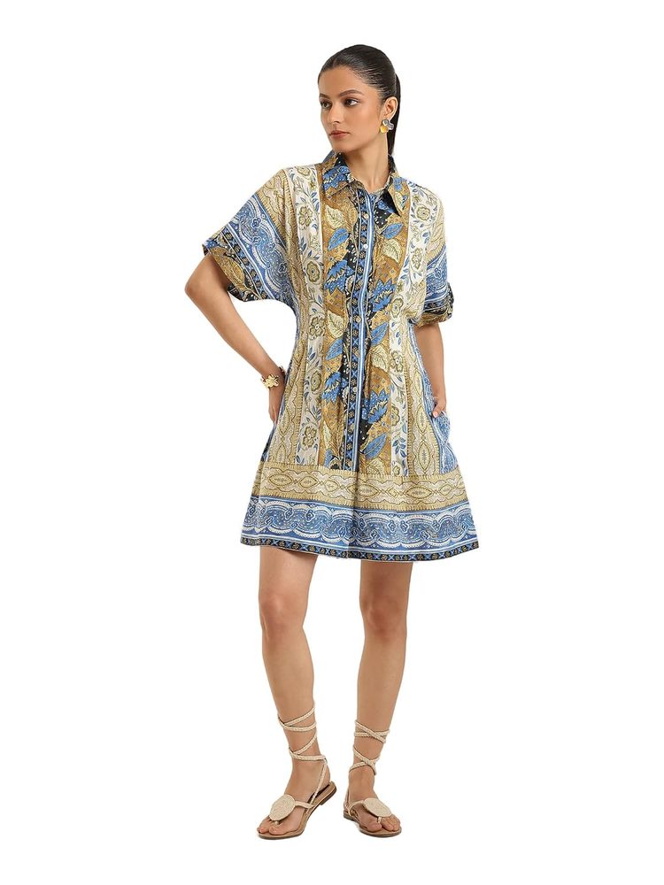 Label RITU KUMAR Blue Ecru Renelle Collar Neck Dress
