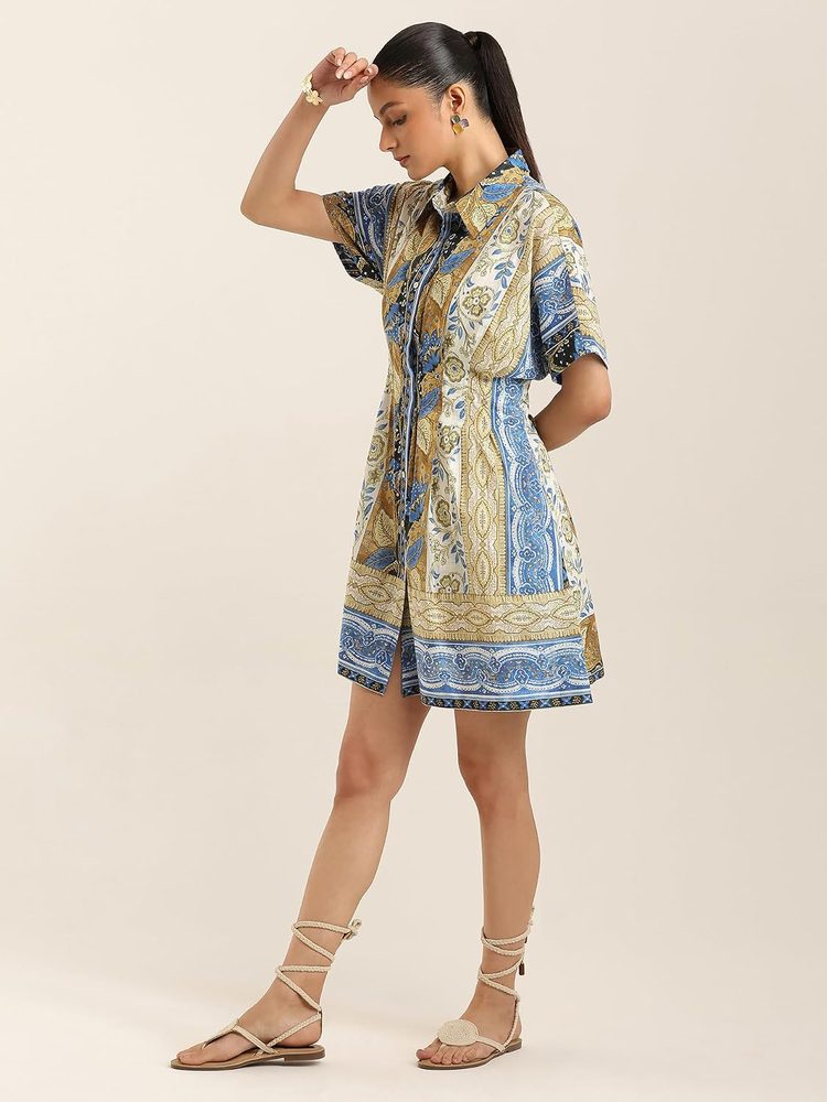 Label RITU KUMAR Blue Ecru Renelle Collar Neck Dress