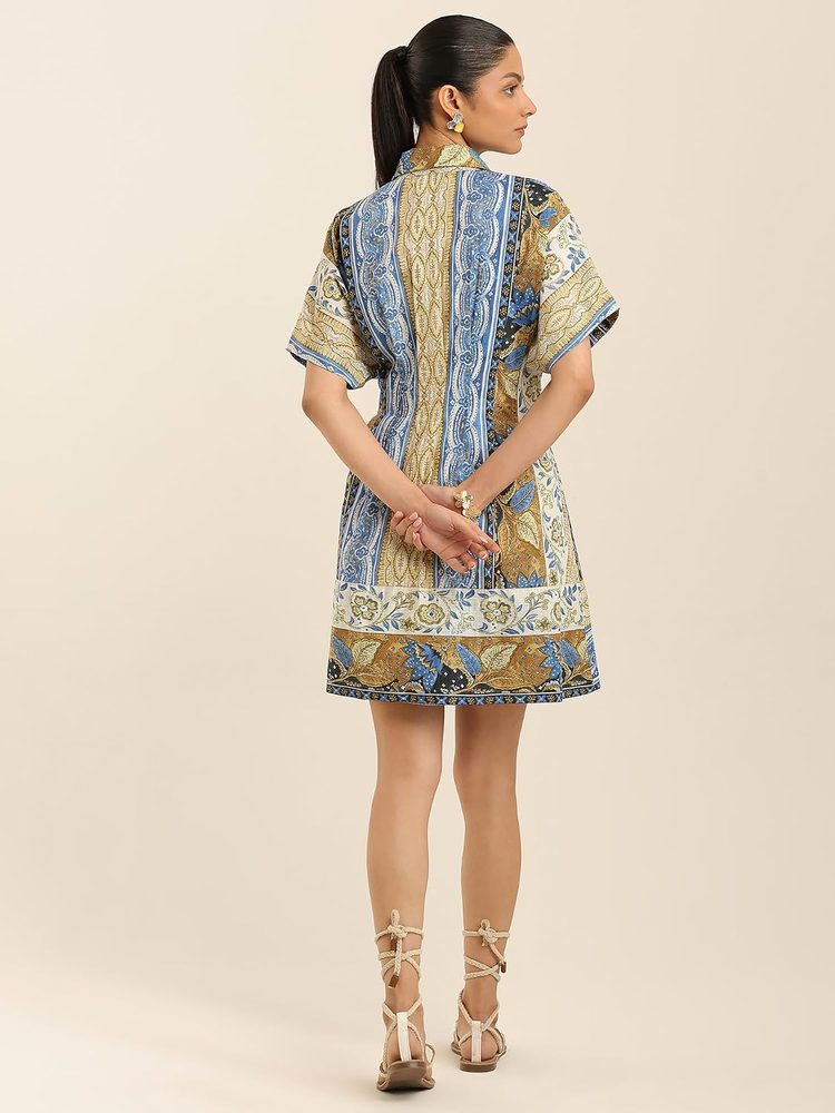 Label RITU KUMAR Blue Ecru Renelle Collar Neck Dress