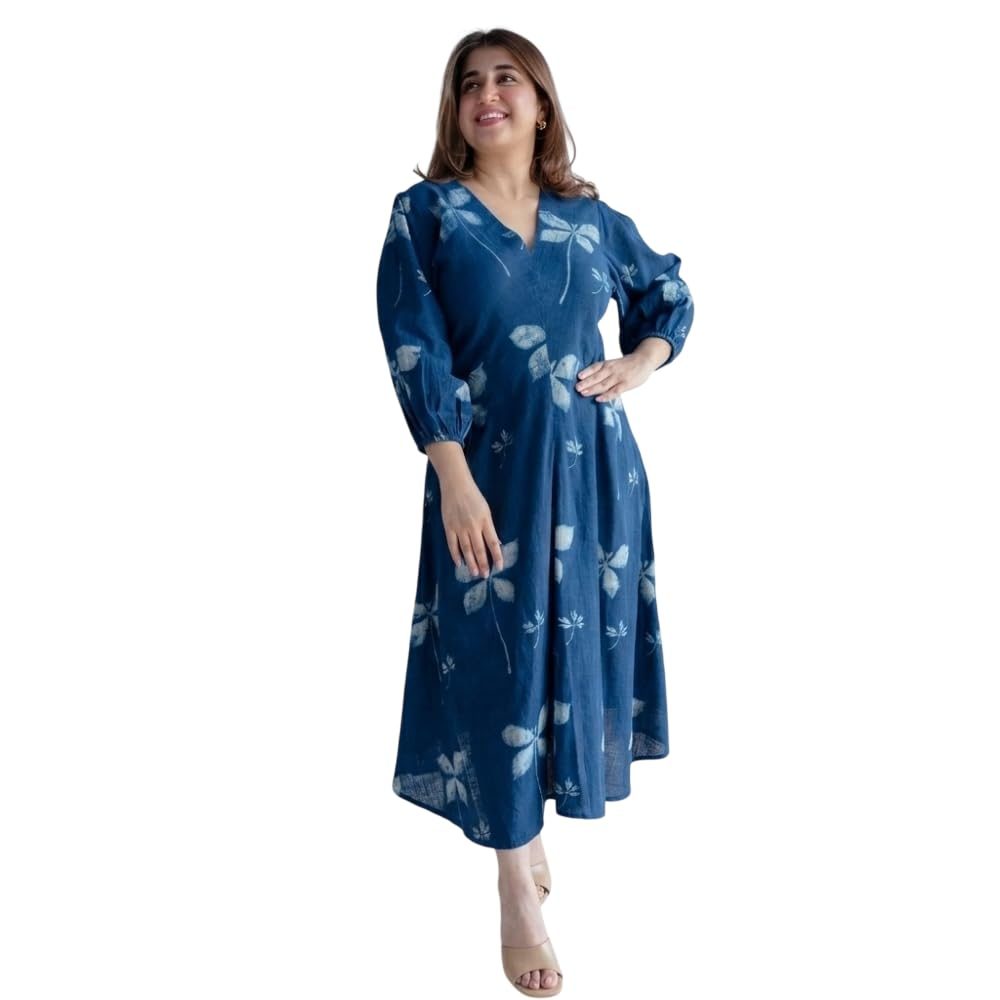 THE INDIAN ETHNIC CO. Women Indigo Dabu Slub Cotton Dress with MUL Lining