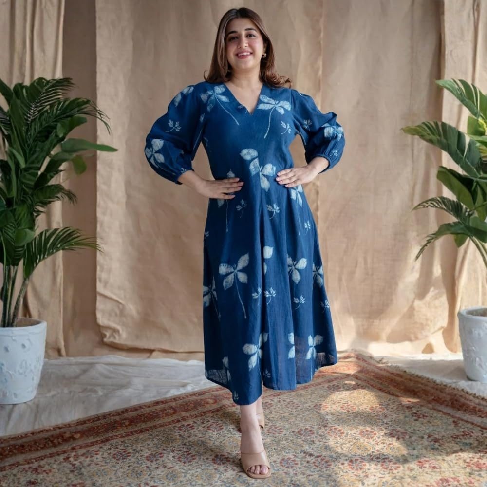 THE INDIAN ETHNIC CO. Women Indigo Dabu Slub Cotton Dress with MUL Lining