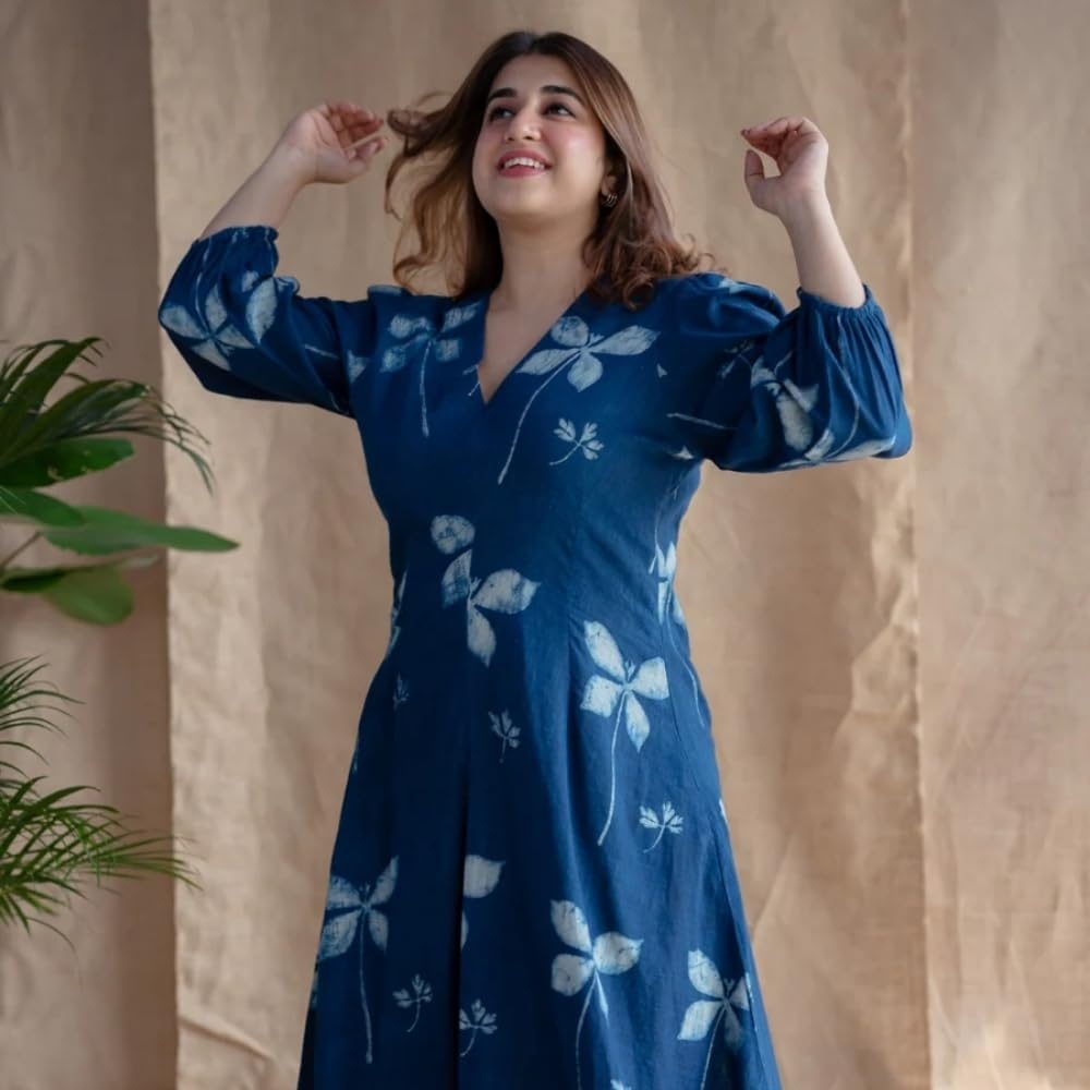 THE INDIAN ETHNIC CO. Women Indigo Dabu Slub Cotton Dress with MUL Lining