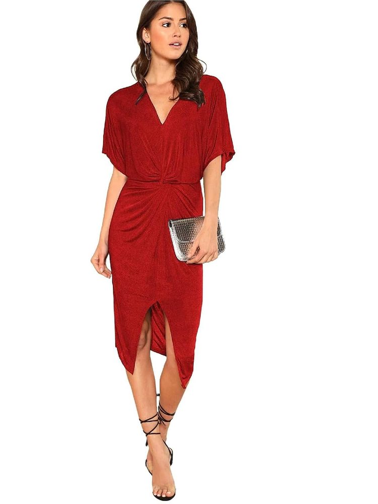 Floerns Women's Short Sleeve V Neck Twist Front Split Midi Dress