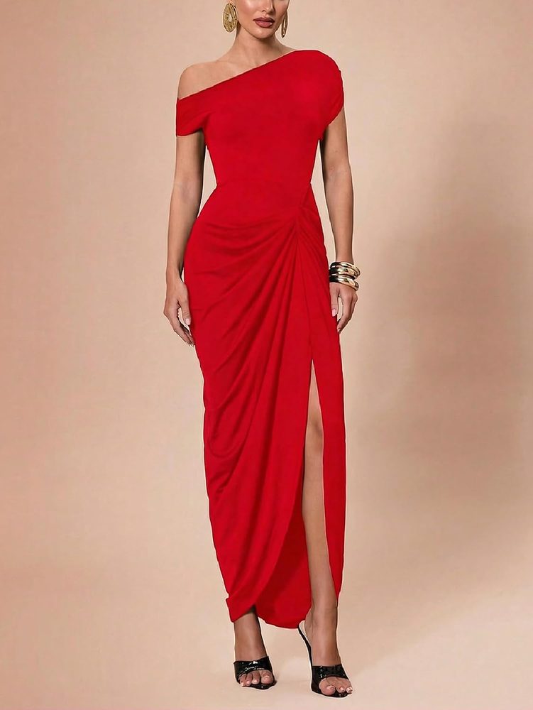 Floerns Women's Elegant Long Dress Asymmetrical Off Shoulder Ruched Slit Bodycon Cocktail Dresses
