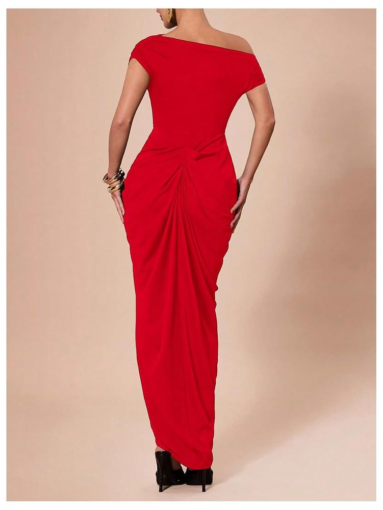 Floerns Women's Elegant Long Dress Asymmetrical Off Shoulder Ruched Slit Bodycon Cocktail Dresses