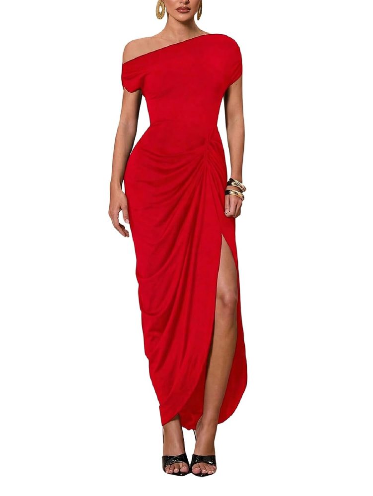 Floerns Women's Elegant Long Dress Asymmetrical Off Shoulder Ruched Slit Bodycon Cocktail Dresses