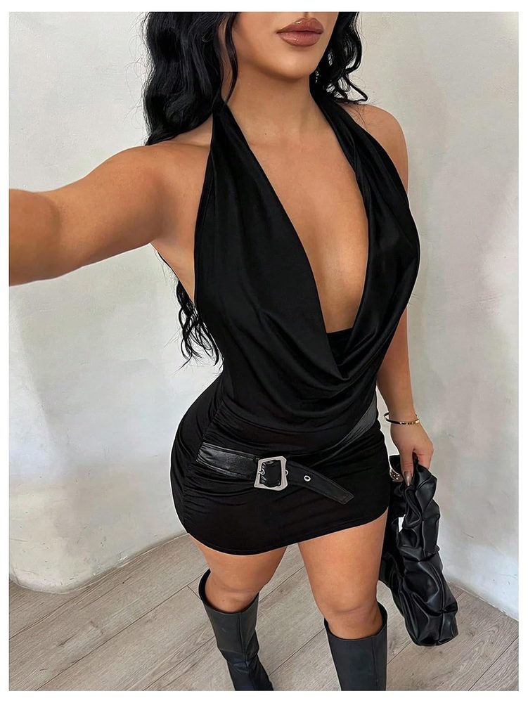 RoseSeek Women's Deep V Neck Bodycon Draped Cowl Neck Backless Club Dress