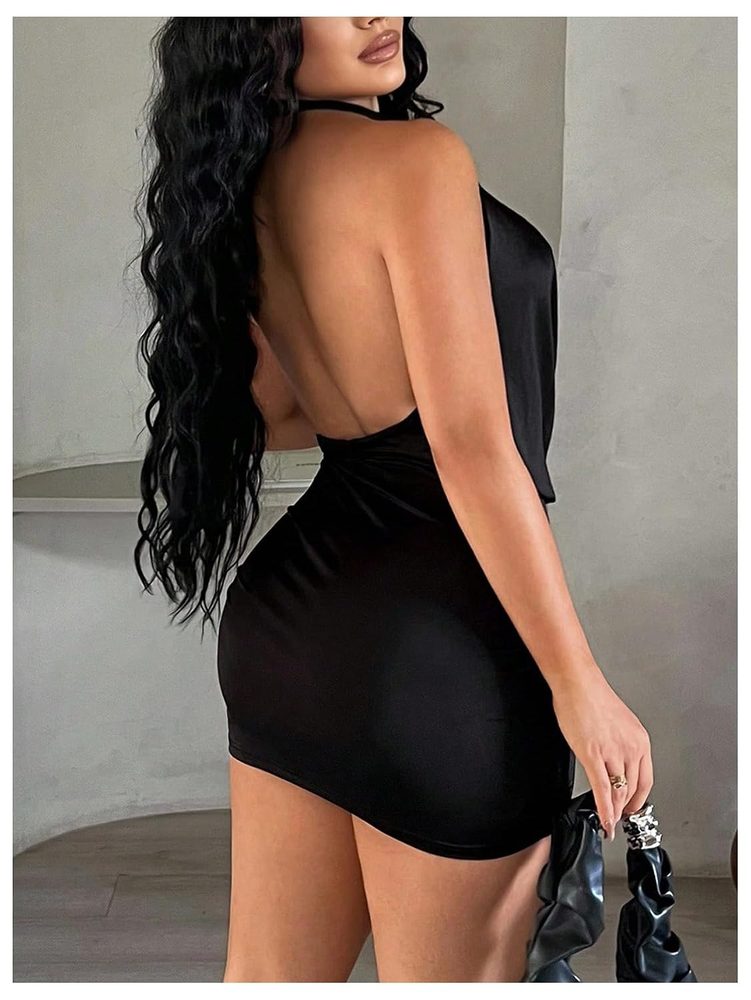 RoseSeek Women's Deep V Neck Bodycon Draped Cowl Neck Backless Club Dress