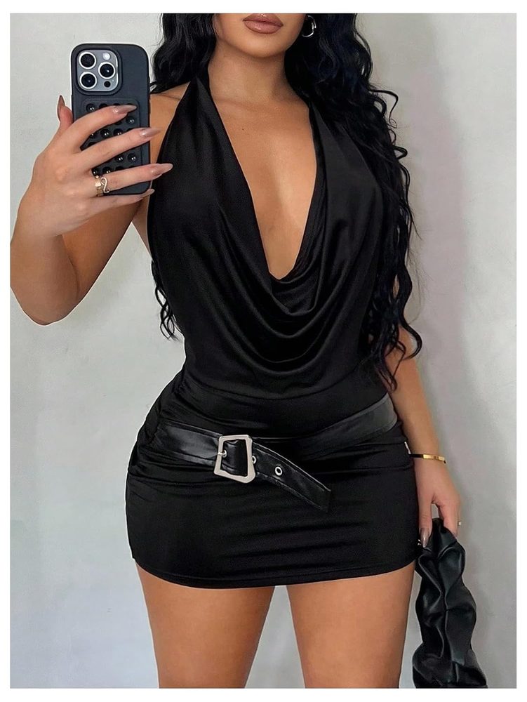 RoseSeek Women's Deep V Neck Bodycon Draped Cowl Neck Backless Club Dress