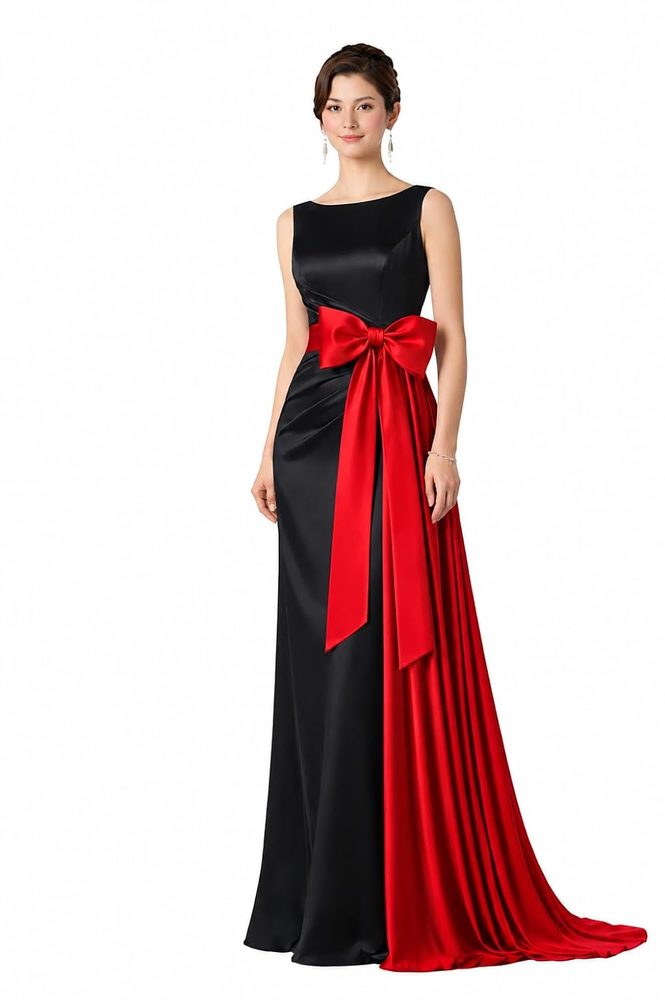 Black Satin Evening Gown with Red Bow Sash