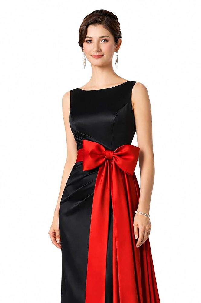 Black Satin Evening Gown with Red Bow Sash