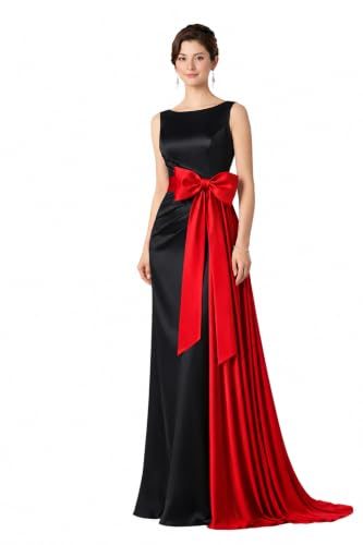 Black Satin Evening Gown with Red Bow Sash
