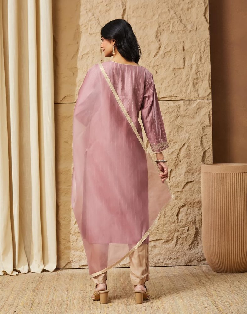 Fabindia Women's Silk Blend Embroidered Regular Fit Straight Kurta and Dupatta Set