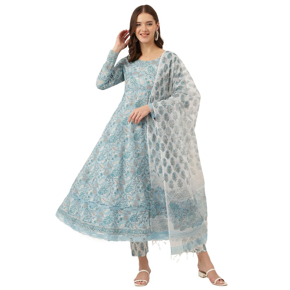 Divena Sky Blue Hand Block Floral Print Cotton Kurta, Trouser With Dupatta