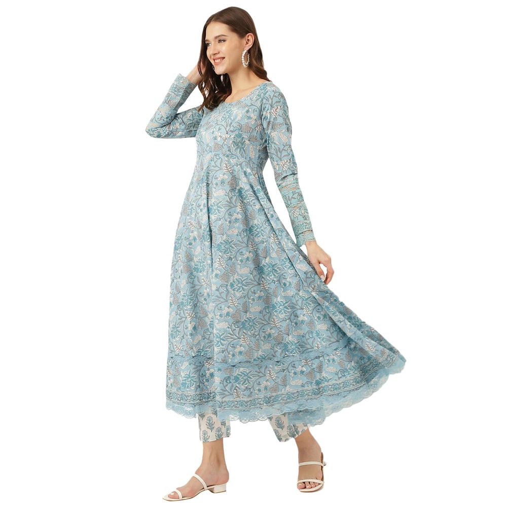 Divena Sky Blue Hand Block Floral Print Cotton Kurta, Trouser With Dupatta
