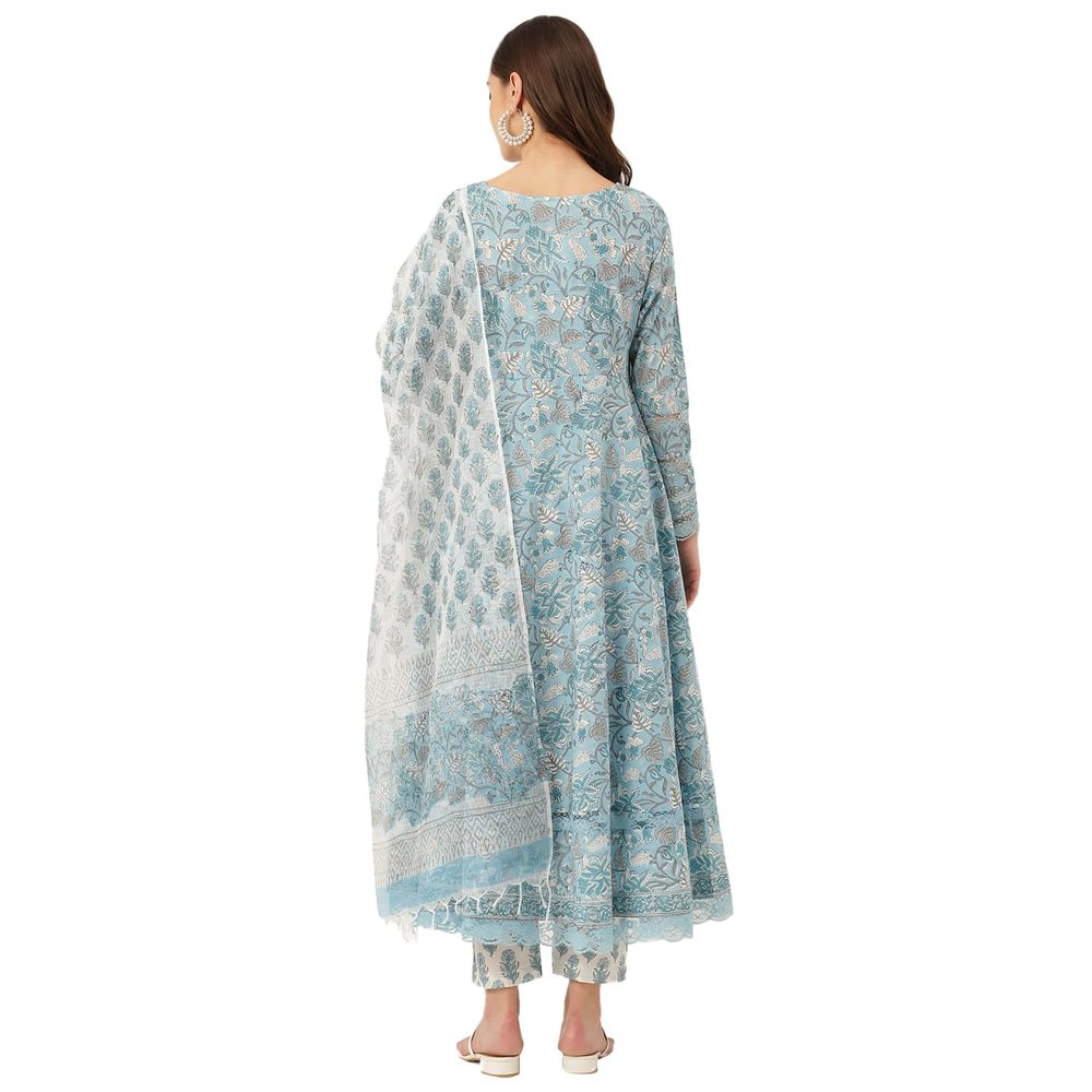 Divena Sky Blue Hand Block Floral Print Cotton Kurta, Trouser With Dupatta