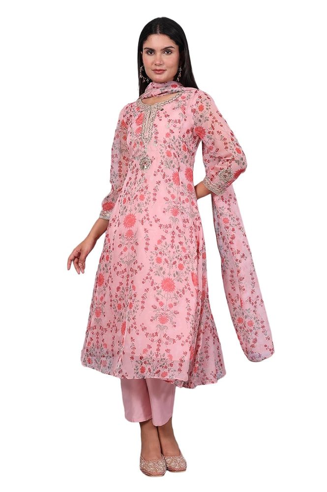 W for Woman Pink Floral Printed Dori Embroidered Organza Flared Kurta, Straight Pant And Dupatta Set