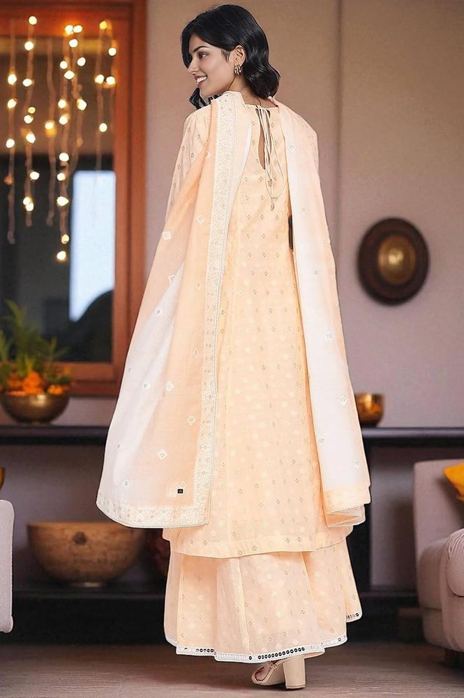 Wishful Women's Peach Yarn Dyed Printed Chandari Jaquard Flared Kurta, Culotte and Dupatta Set