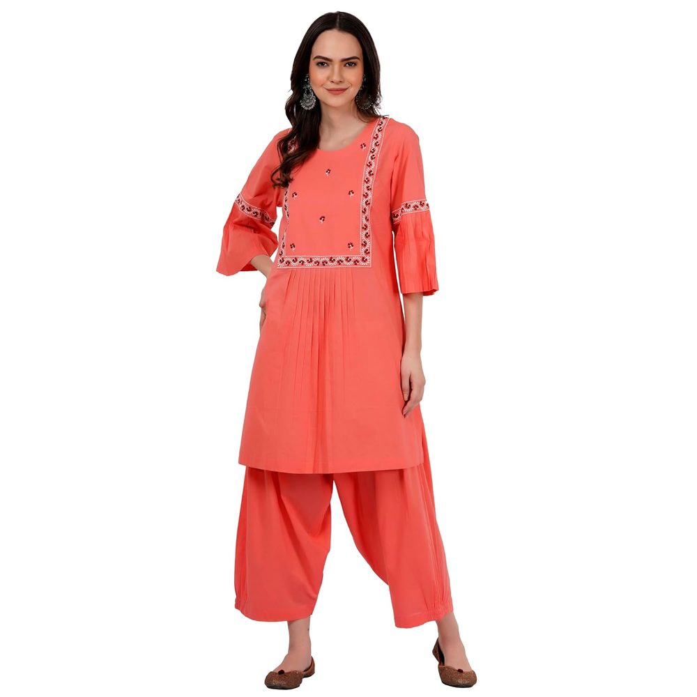 Women's Pure Cotton Kurta and Pants Set with Lace and Handblock Print