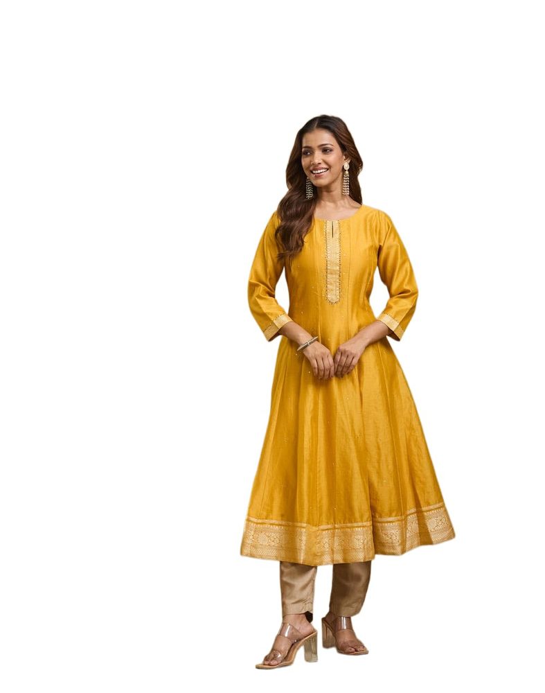Fabindia Yellow Cotton Silk Hand Embroidered Slim Fit Long Kurta