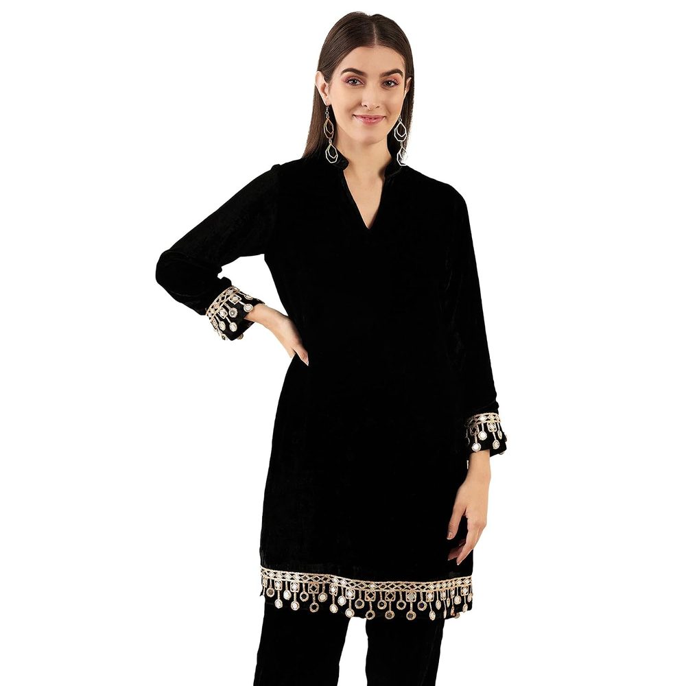First Resort Black Silk Velvet Kurta with Mirror Lace Detail