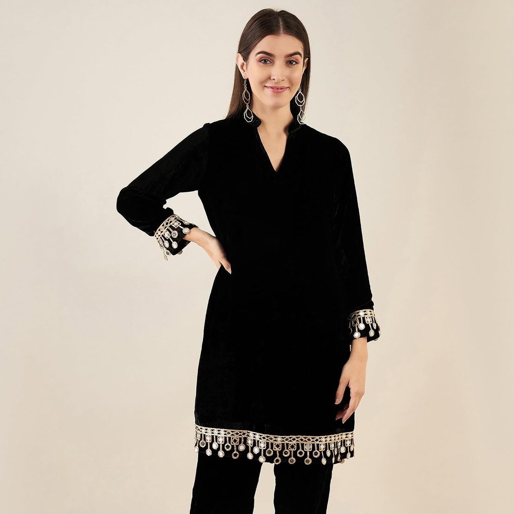 First Resort Black Silk Velvet Kurta with Mirror Lace Detail