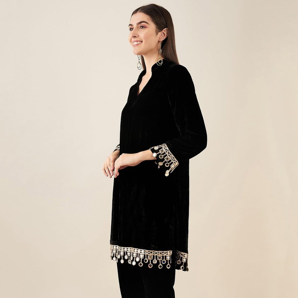 First Resort Black Silk Velvet Kurta with Mirror Lace Detail