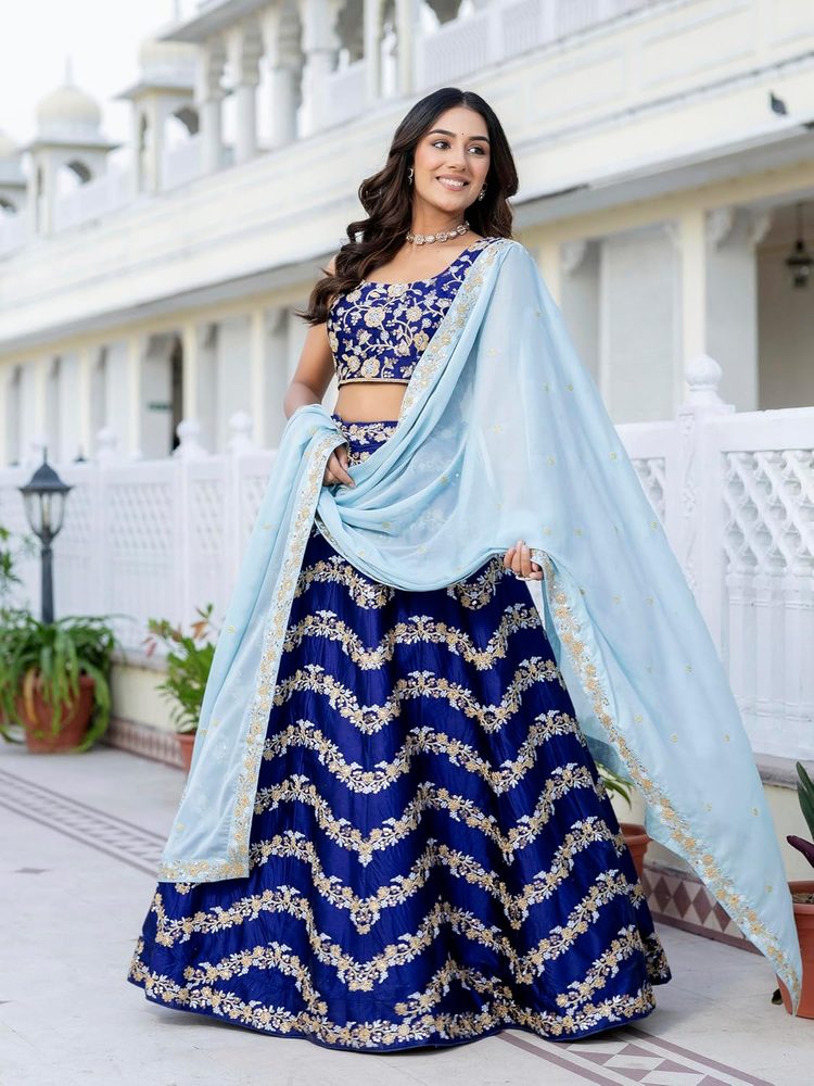 RENDMALLS Women's Satin Embroidery With Sequence Work Lehenga Choli Unstitch Blouse with Dupatta For Women (New-Bridal-Latest-Wedding-Sequence-Lehenga-Designer)
