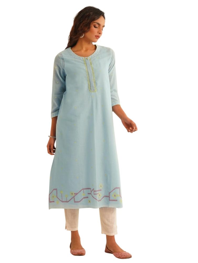 Jaypore Women Blue Cotton Jamdani Mandarin Collar Straight Fit Kurta