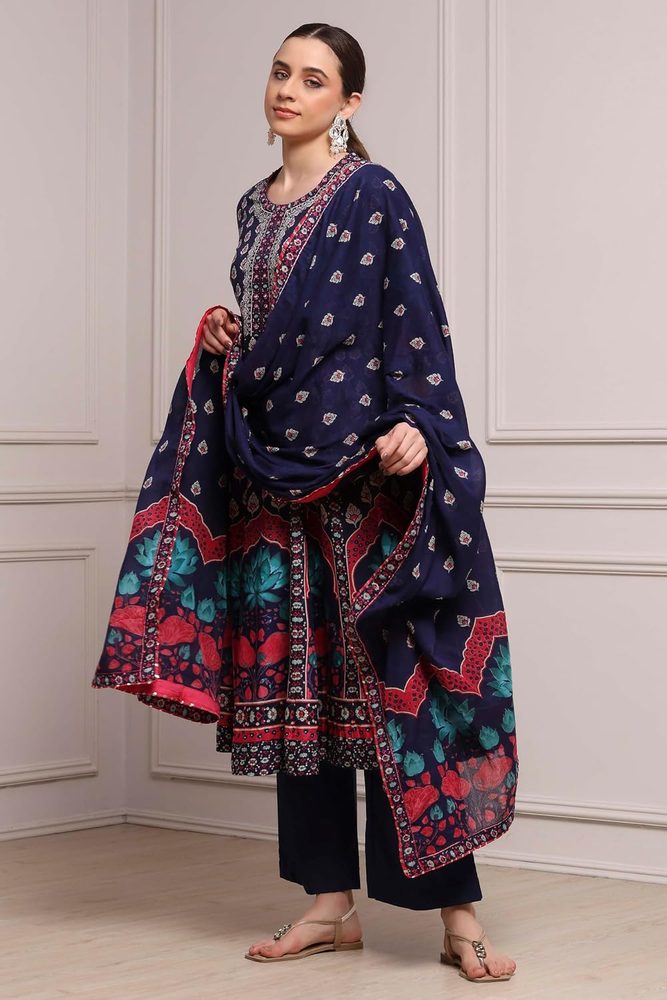 Biba Printed Cotton A-Line Casual Kurta With Palazzo and Dupatta